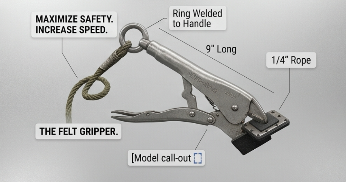 Annotated detail of welded ring attached to GripLock handle with rope and felt gripper