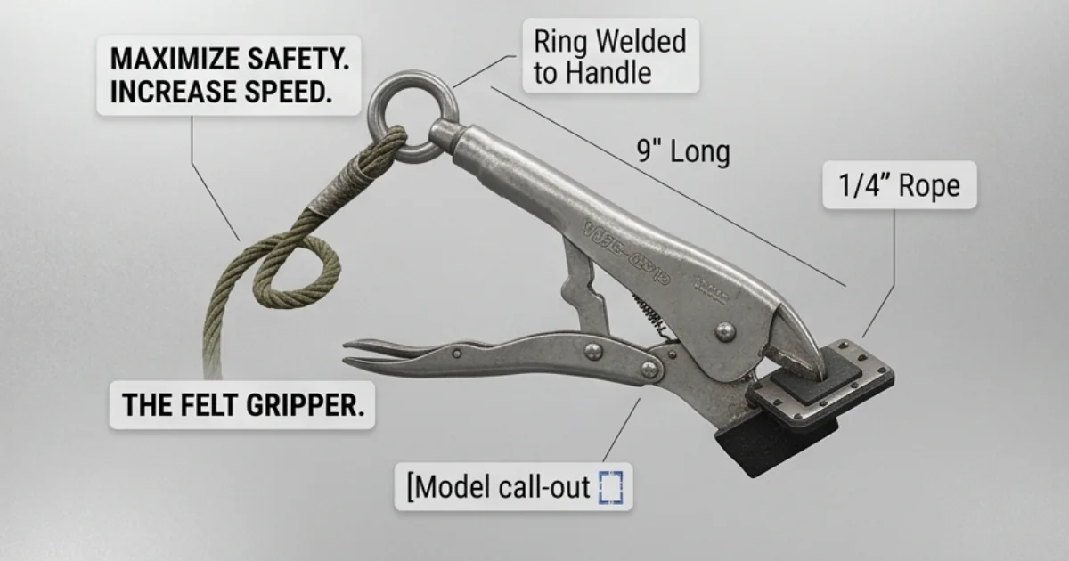 Annotated detail of welded ring attached to GripLock handle with rope and felt gripper